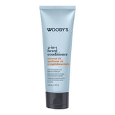 Woody's 2-in-1 beard conditioner in a light blue squeeze tube with a black cap, shown on a plain white background.