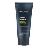 Woody's Shave Butter in a dark navy blue squeeze tube with white and yellow text, shown on a plain white background.