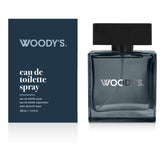 Woody's Eau de Toilette Spray bottle and its retail box, featuring a dark navy blue color scheme with white text on a clean white background.