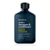 Woody's 2-in-1 shampoo & conditioner bottle in a dark navy blue color with white and yellow text, on a clean white background.