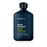 Woody's Mega Firm Gel in a dark navy blue bottle with a black cap, on a white background.