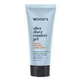Woody's After Shave Comfort Gel in a light blue squeeze tube with a black cap, featuring black and orange text on a white background.