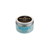 Woody’s For Men Clay Jar with a firm hold formula, ideal for adding texture and definition with a natural matte finish.