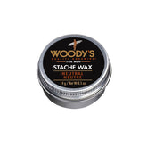 Woody's For Men Stache Wax Tin Top View with a neutral wax formula, perfect for shaping and styling mustaches with a firm hold.