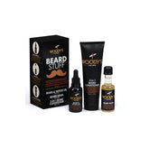 Woody's Beard Stuff Grooming Kit featuring beard oil, wash, and conditioner for a complete facial hair care routine.