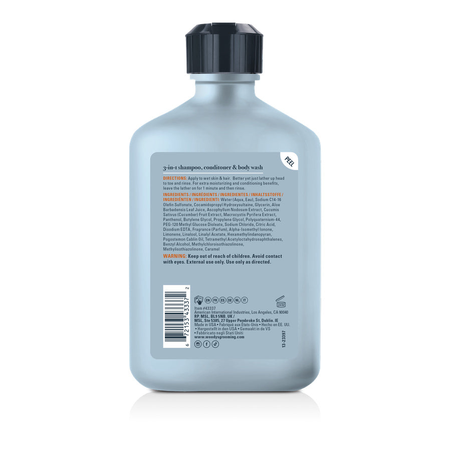 Back of a bottle of 3-in-1 shampoo, conditioner and body wash on a white background