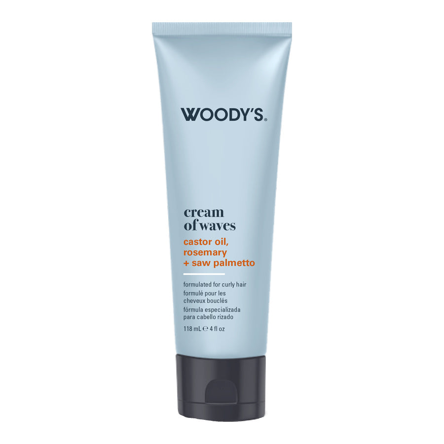 Woody's Cream of Waves hair cream in a light blue squeeze tube with a black cap, shown on a plain white background.