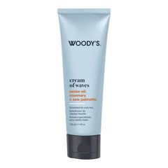 Woody's Cream of Waves hair cream in a light blue squeeze tube with a black cap, shown on a plain white background.