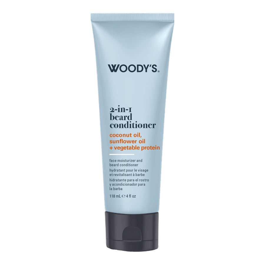Woody's 2-in-1 beard conditioner in a light blue squeeze tube with a black cap, shown on a plain white background.