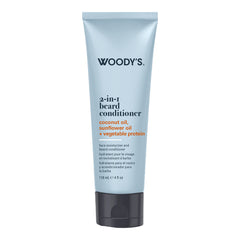 Woody's 2-in-1 beard conditioner in a light blue squeeze tube with a black cap, shown on a plain white background.