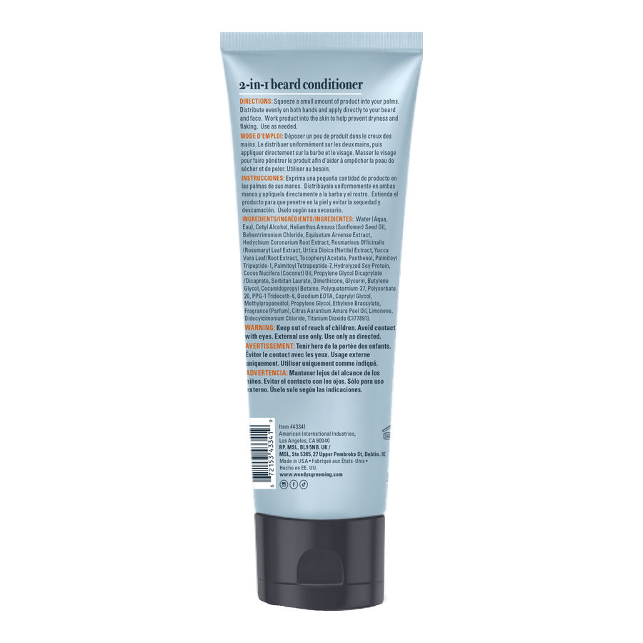 A tube of 2-in-1 beard conditioner with a light blue body and a dark gray cap, shown from the back on a plain white background.