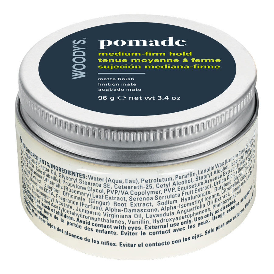 back of Woody's Pomade medium-firm hold hair wax in a round white plastic jar 