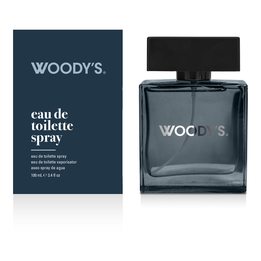 Woody's Eau de Toilette Spray bottle and its retail box, featuring a dark navy blue color scheme with white text on a clean white background.