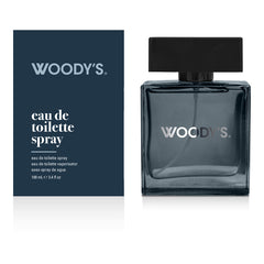 Woody's Eau de Toilette Spray bottle and its retail box, featuring a dark navy blue color scheme with white text on a clean white background.