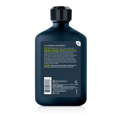 back of a 2-in-1 shampoo conditioner bottle on a white background