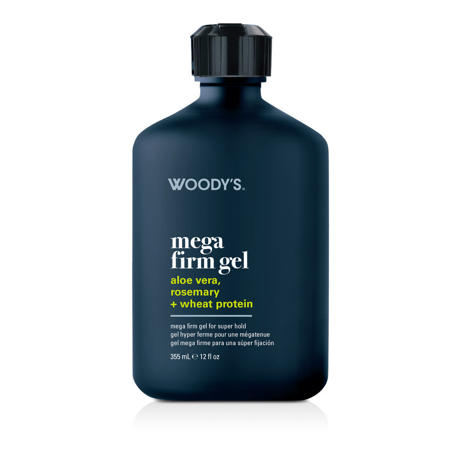 Woody's Mega Firm Gel in a dark navy blue bottle with a black cap, on a white background.