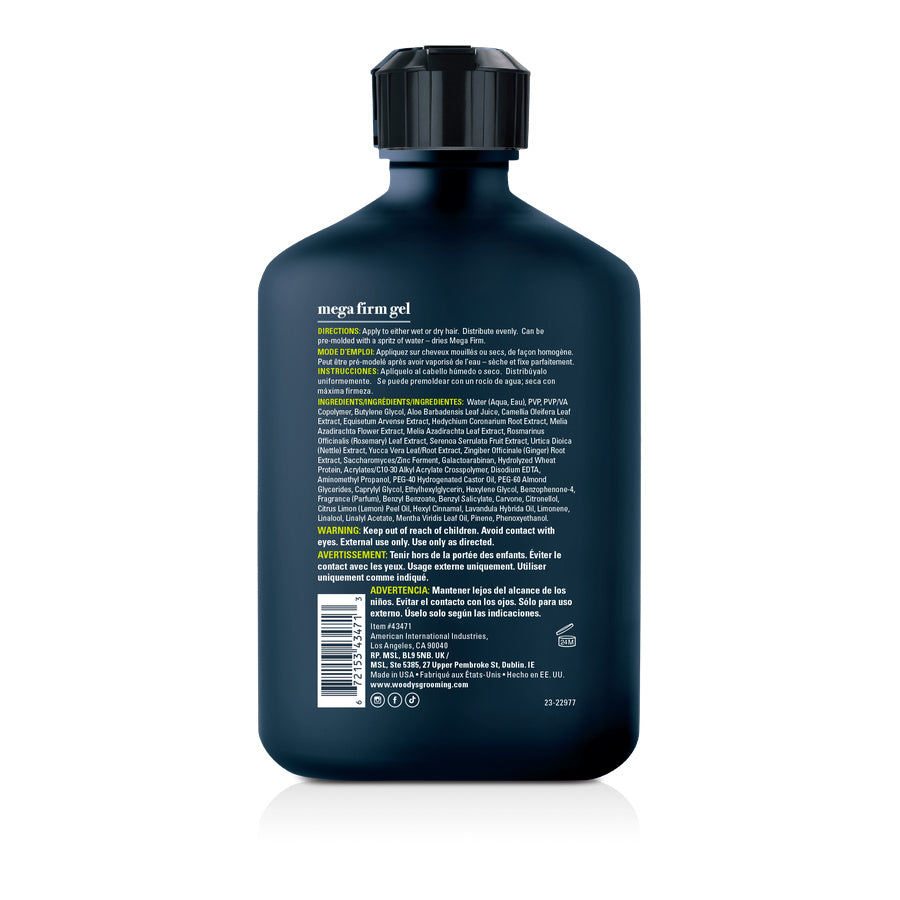 Back view of a dark navy Mega Fire Gel bottle with a black cap, showing detailed product instructions and ingredients on a white background.