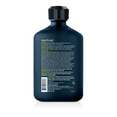 Back view of a dark navy Mega Fire Gel bottle with a black cap, showing detailed product instructions and ingredients on a white background.