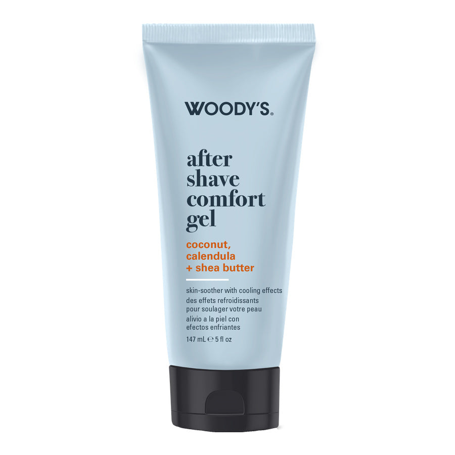Woody's After Shave Comfort Gel in a light blue squeeze tube with a black cap, featuring black and orange text on a white background.