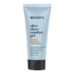 Woody's After Shave Comfort Gel in a light blue squeeze tube with a black cap, featuring black and orange text on a white background.