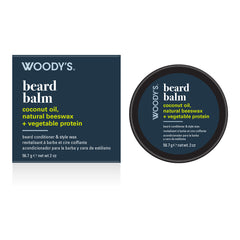 Woody's Beard Balm coconut oil, natural beeswax + vegetable protein, shown with its navy blue retail box and round black jar on a white background.