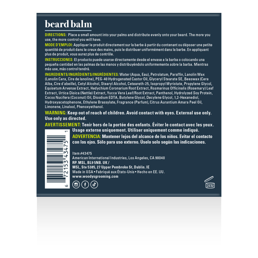 The back of a beard balm package, showing product information in English and Spanish, including directions, ingredients, and warnings, on a white background 