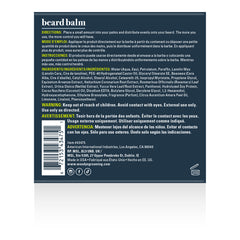 The back of a beard balm package, showing product information in English and Spanish, including directions, ingredients, and warnings, on a white background 