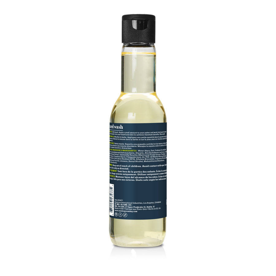 Back of a bottle of beard wash on a white background