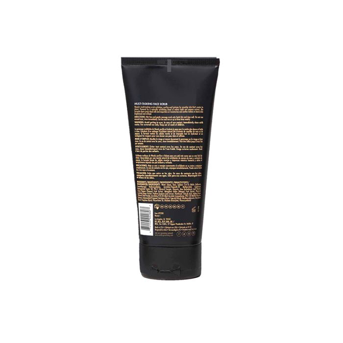 Woody's for Men Multi-Tasking Face Scrub (Back) shows product details, ingredients, and usage instructions for exfoliation.