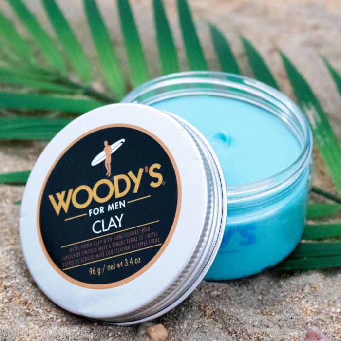 Woody’s For Men Clay Jar Lifestyle with an outdoor setting, ideal for showcasing its matte finish and strong hold in a natural look.