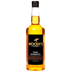 Front view of Woody's Daily Shampoo in a 32-ounce bottle with black cover cap and printed label