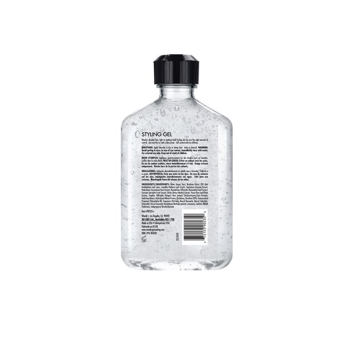 Woody’s Mega Firm Hair Gel in a back-view clear bottle shows ingredients, usage, and firm-hold benefits for all-day styling.
