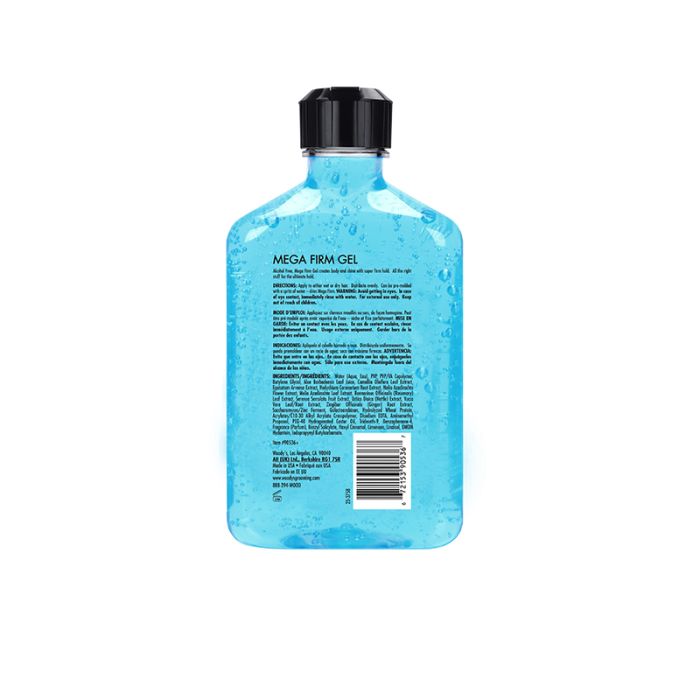 Woody's for Men Mega Firm Gel (Back) lists product ingredients and details for maximum hold and styling.