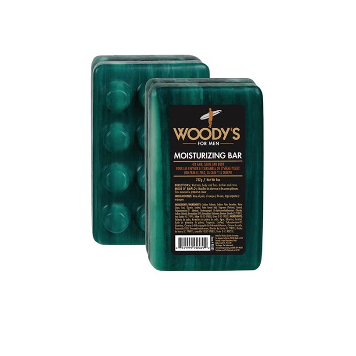 Woody's Moisturizing Bar with Massage Surface featuring a textured back, ideal for exfoliating and cleansing.