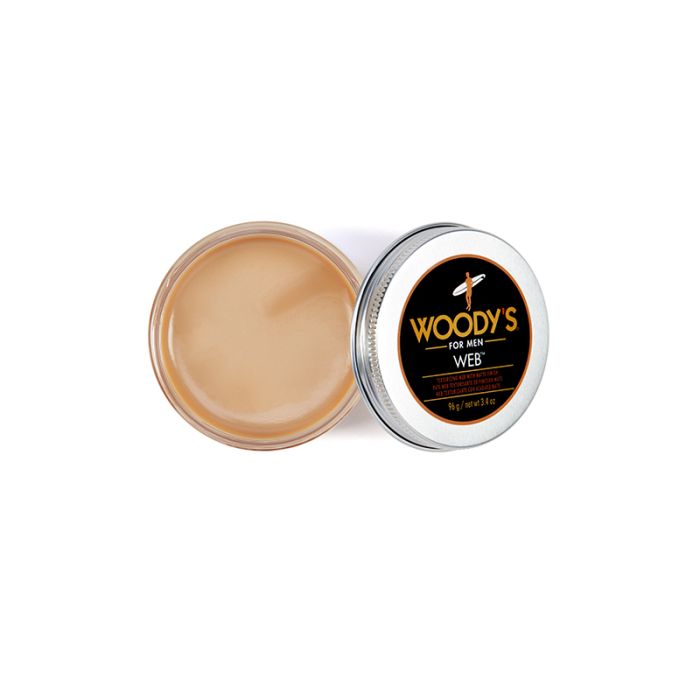 Woody's Web Styling Wax Open Jar with a flexible hold formula, perfect for defining and sculpting hair with a natural matte finish.
