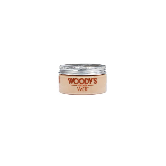 Woody's Web Styling Wax Side View featuring a lightweight formula, ideal for creating textured hairstyles with a firm yet pliable hold.