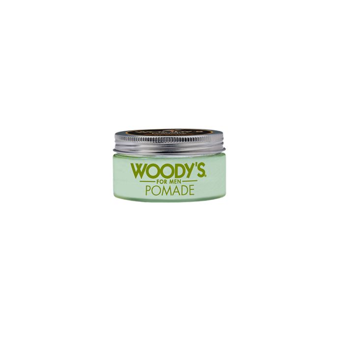 Woody's Pomade Front View featuring a water-soluble formula, providing a high-shine finish and firm hold for polished hairstyles.