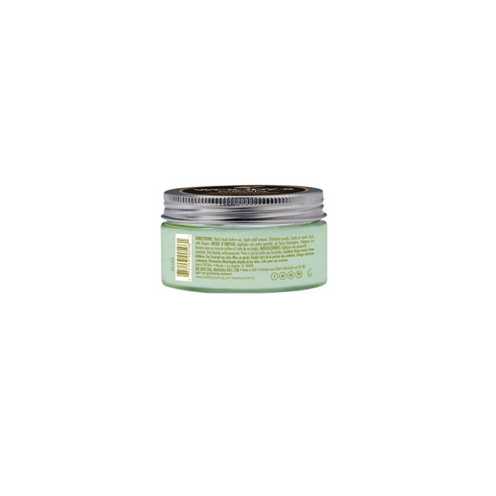 Woody's Pomade Back View displaying ingredients and usage details, offering a water-based formula that washes out effortlessly.