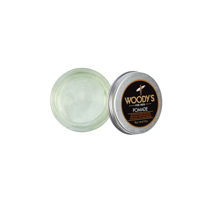 Woody's Pomade Open Jar Top View with a smooth, water-based formula for easy application and a sleek, polished look.