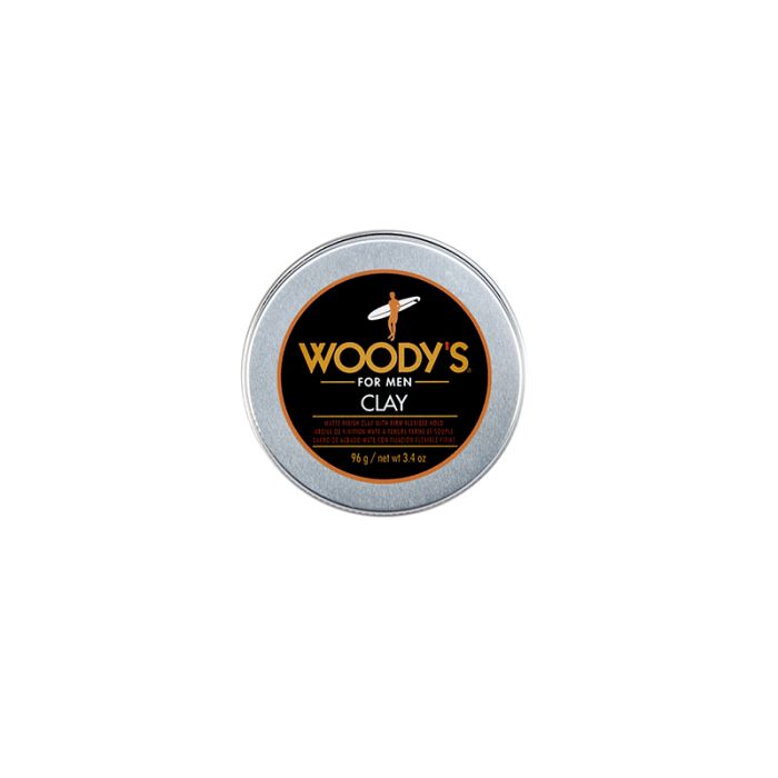 Woody’s Clay for Men Strong Hold Matte Clay in a closed tin provides flexible, all-day control for textured, structured hairstyles.
