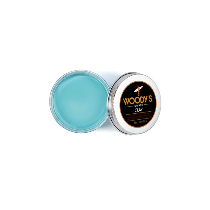 Woody’s For Men Clay Jar Open with a smooth, pliable texture, ideal for styling hair with a flexible, long-lasting hold.