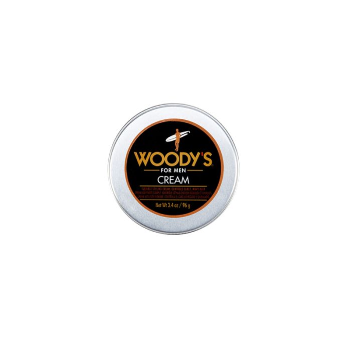 Woody’s Cream for Men Smooth Control Hair Cream in a top-view closed tin tames flyaways and adds structure for sleek or casual styles.