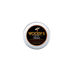 Woody’s Cream for Men Smooth Control Hair Cream in a top-view closed tin tames flyaways and adds structure for sleek or casual styles.