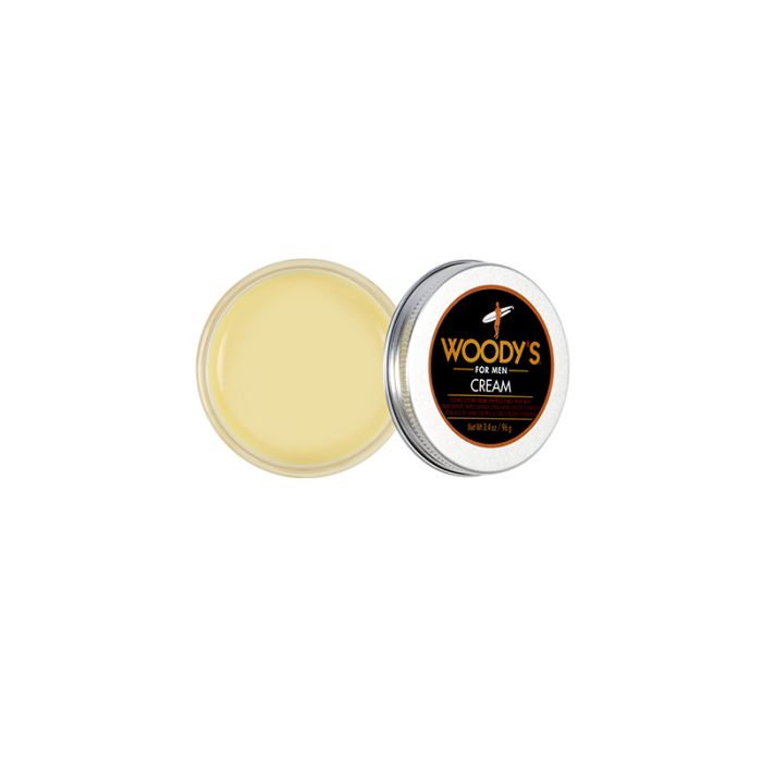 Woody’s Cream for Men Flexible Hold Styling Cream in an open tin with lid hydrates and smooths hair while providing soft control.