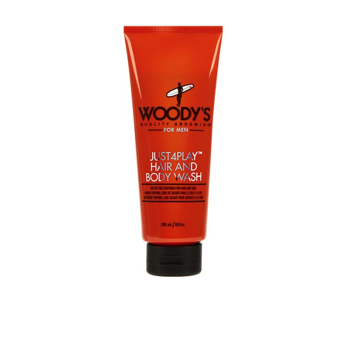 Woody’s Just4Play Hair and Body Wash in a red tube with a flip-top cap offers a sulfate-free, refreshing cleanse for hair and skin.
