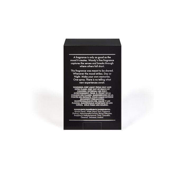 Woody's For Men Eau De Toilette Back Label with fragrance details, ingredients, and safety warnings for everyday grooming.