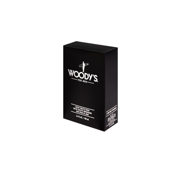 Woody's For Men Eau De Toilette Box with elegant black packaging, delivering a sophisticated and refreshing men's fragrance.