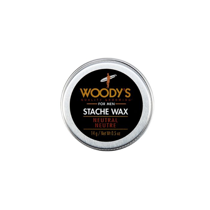 Woody's Stache Wax Tin Top View with a bold black and gold label, ideal for strong and flexible mustache styling.