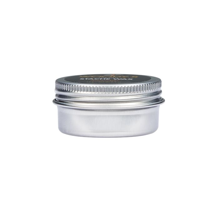 Woody's Stache Wax Side View in Metal Tin with a compact design, ideal for styling and shaping mustaches with precision.