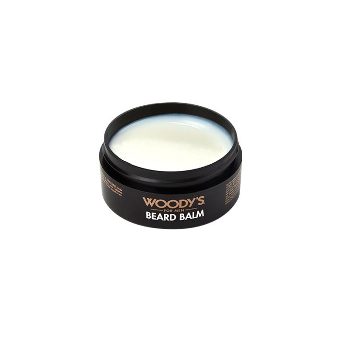 Woody's Beard Balm Open Jar revealing a smooth conditioning formula for styling and taming beards.